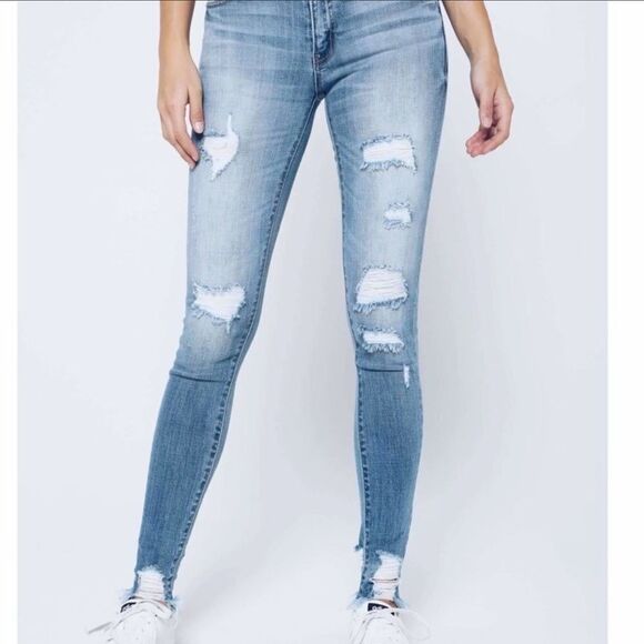 Medium Wash Mid Rise Distressed Jeans - Picture 6 of 14